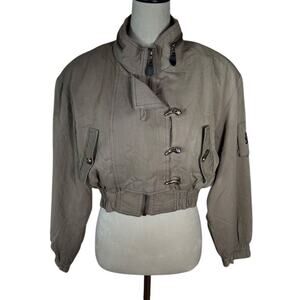 Vintage 80s Salar WomensAviator Bomber Jacket M Khaki gold buttons Shoulder Pads